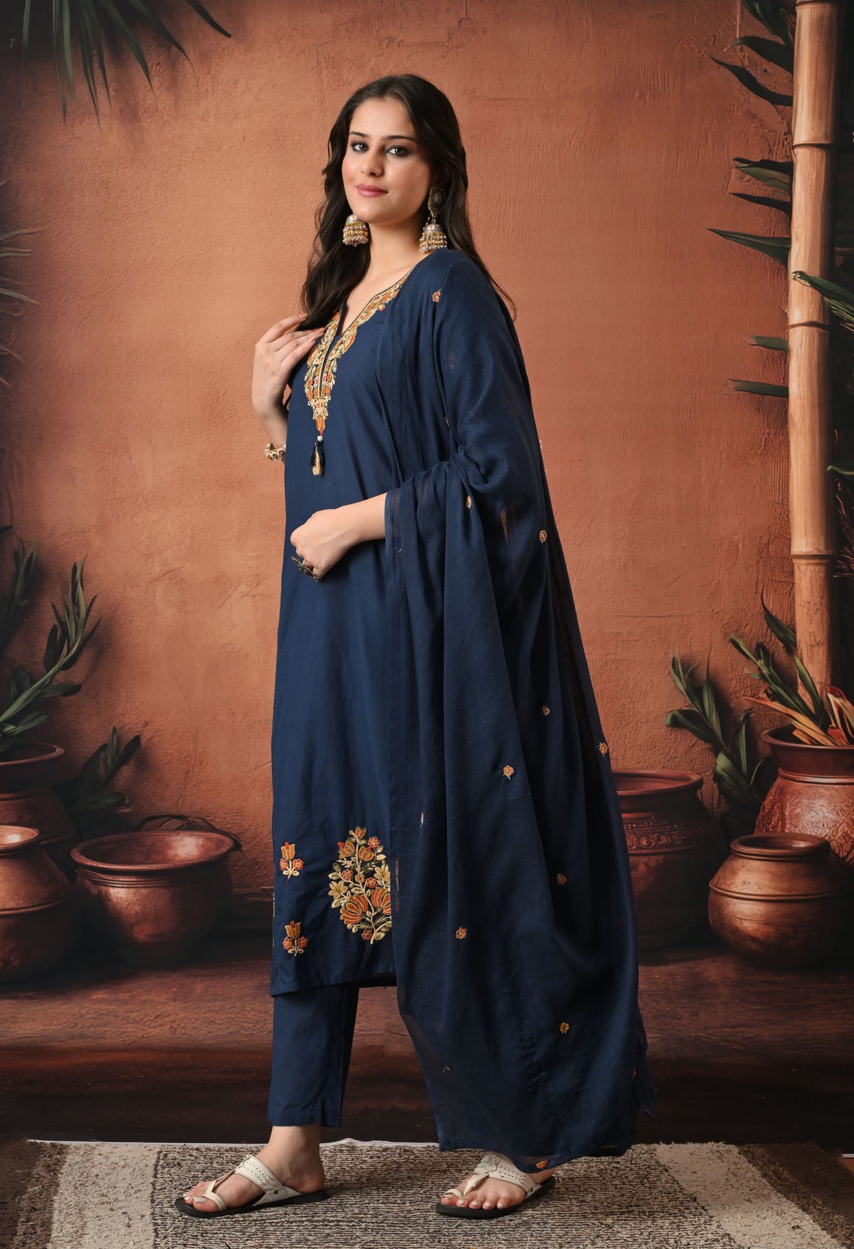 Navy Blue Silk Embroidered Straight Kurta Set with Dupatta