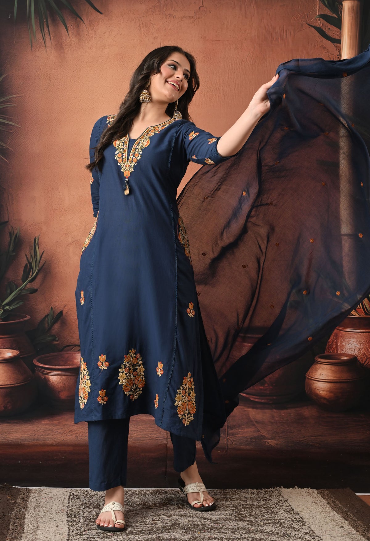 Navy Blue Silk Embroidered Straight Kurta Set with Dupatta