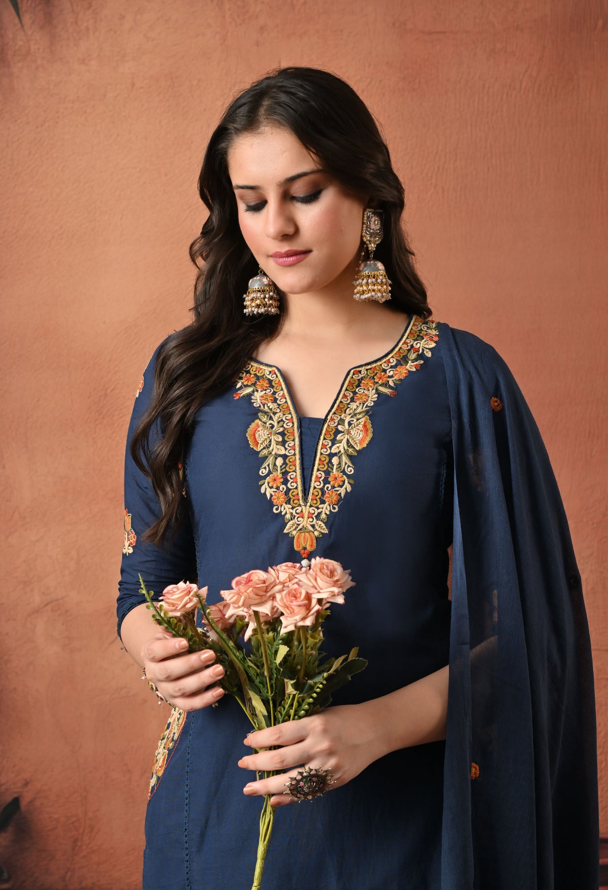 Navy Blue Silk Embroidered Straight Kurta Set with Dupatta