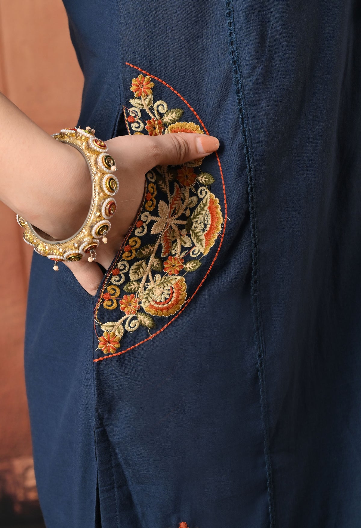 Navy Blue Silk Embroidered Straight Kurta Set with Dupatta