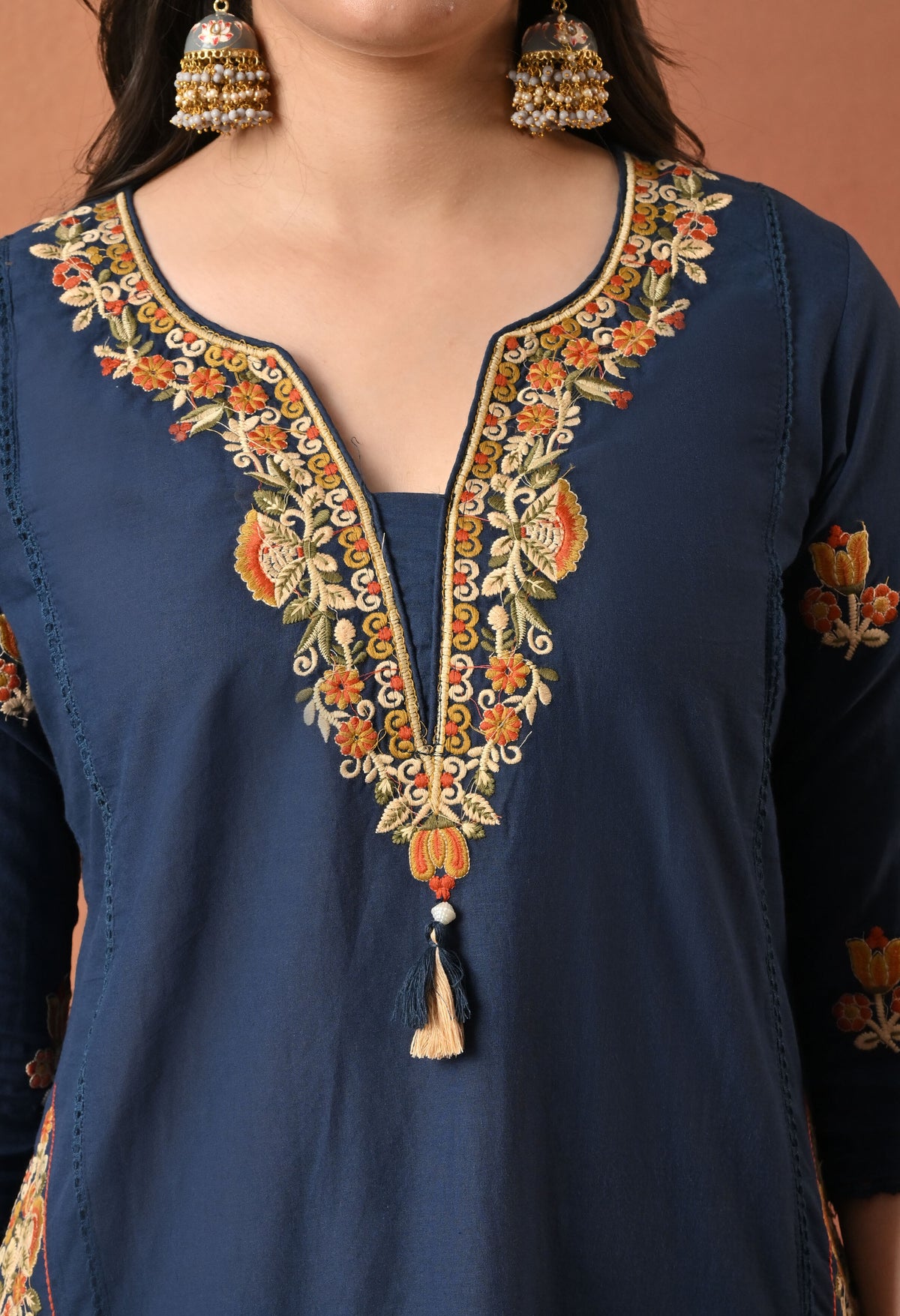 Navy Blue Silk Embroidered Straight Kurta Set with Dupatta