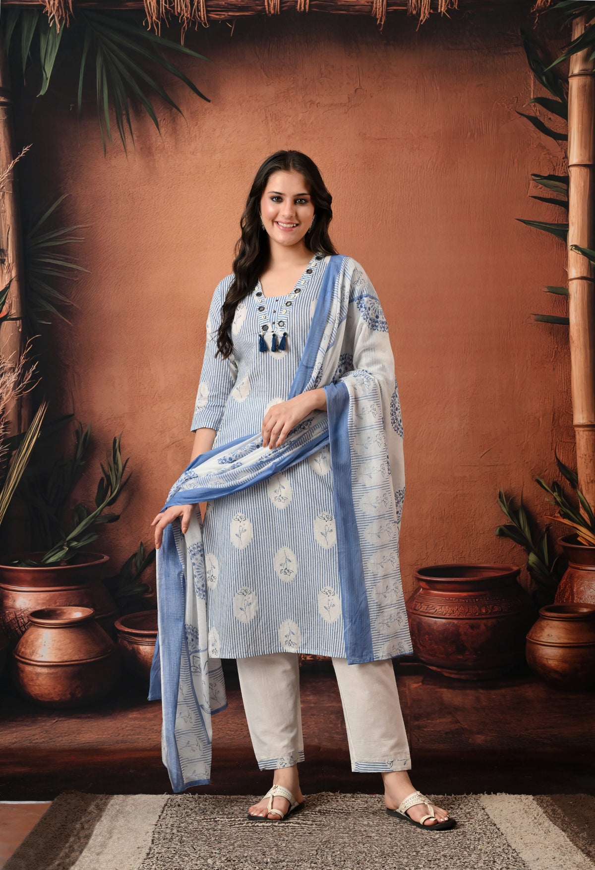 Women White & Blue Cotton Printed Long Kurti for Summer Wear