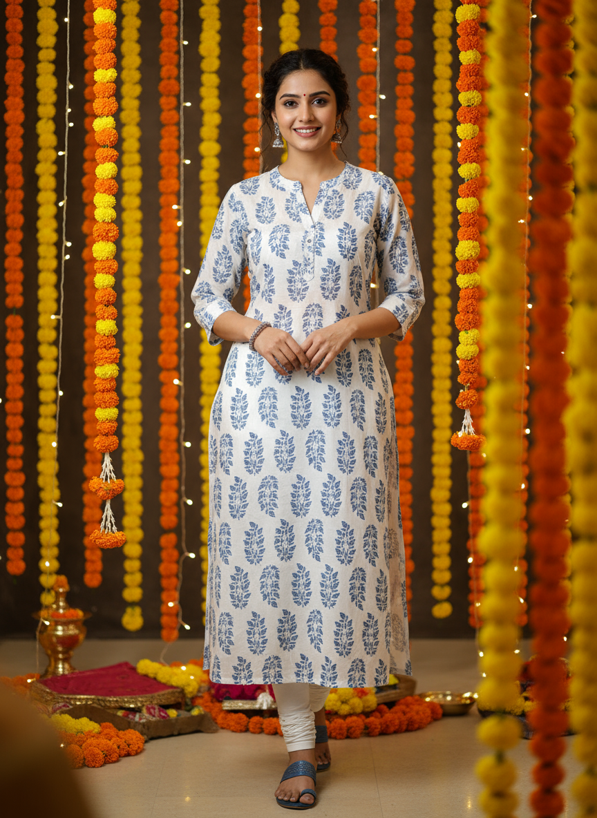 Elegant summer cotton kurti with blue prints