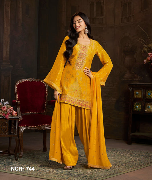 Mustard Yellow Embroidered Farsi Salwar Suit Set with Dupatta – Women Festive Wear