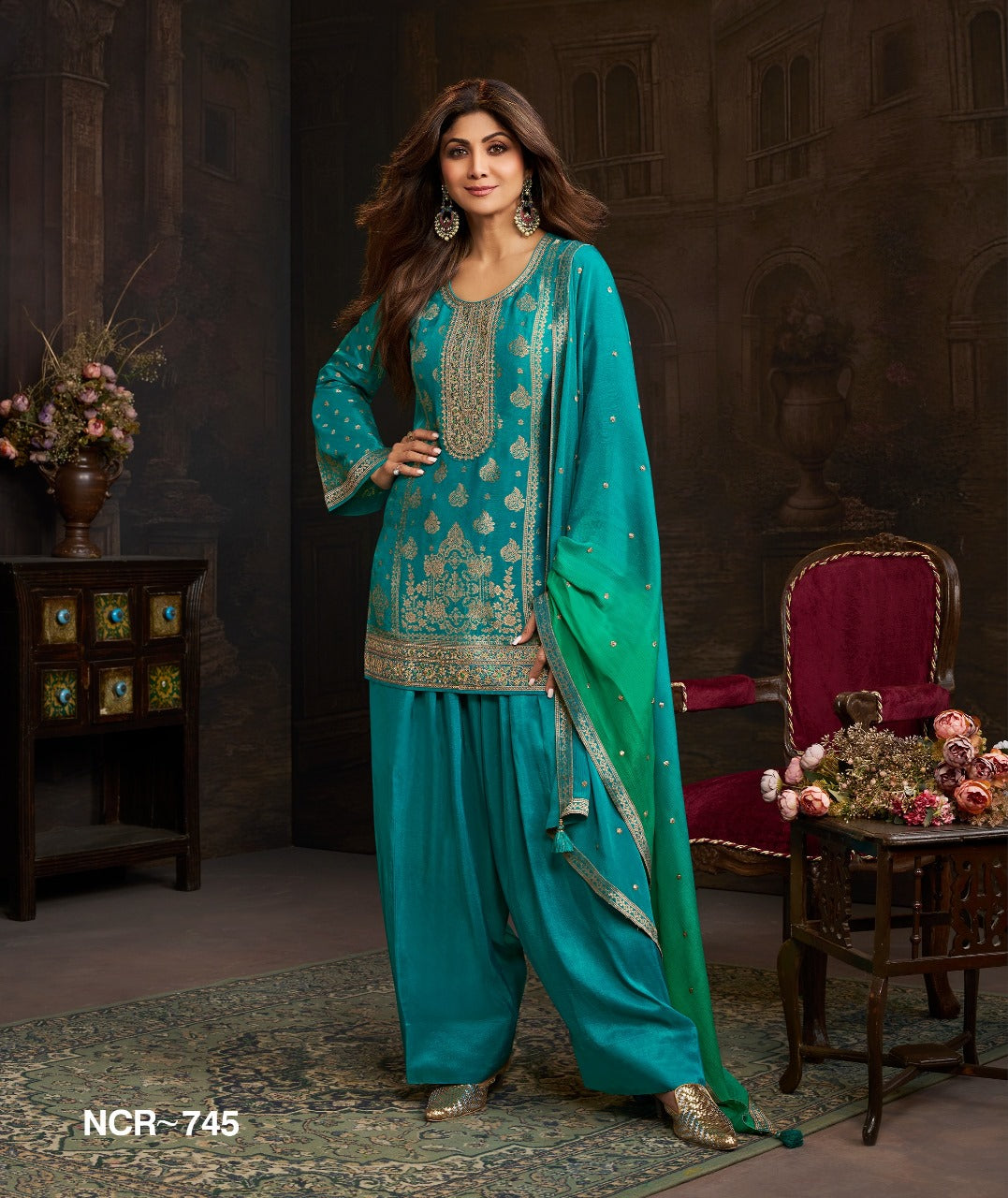Teal Green Embroidered Farsi Salwar Suit Set with Dupatta – Women Festive Wear