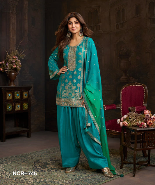 Teal Green Embroidered Farsi Salwar Suit Set with Dupatta – Women Festive Wear