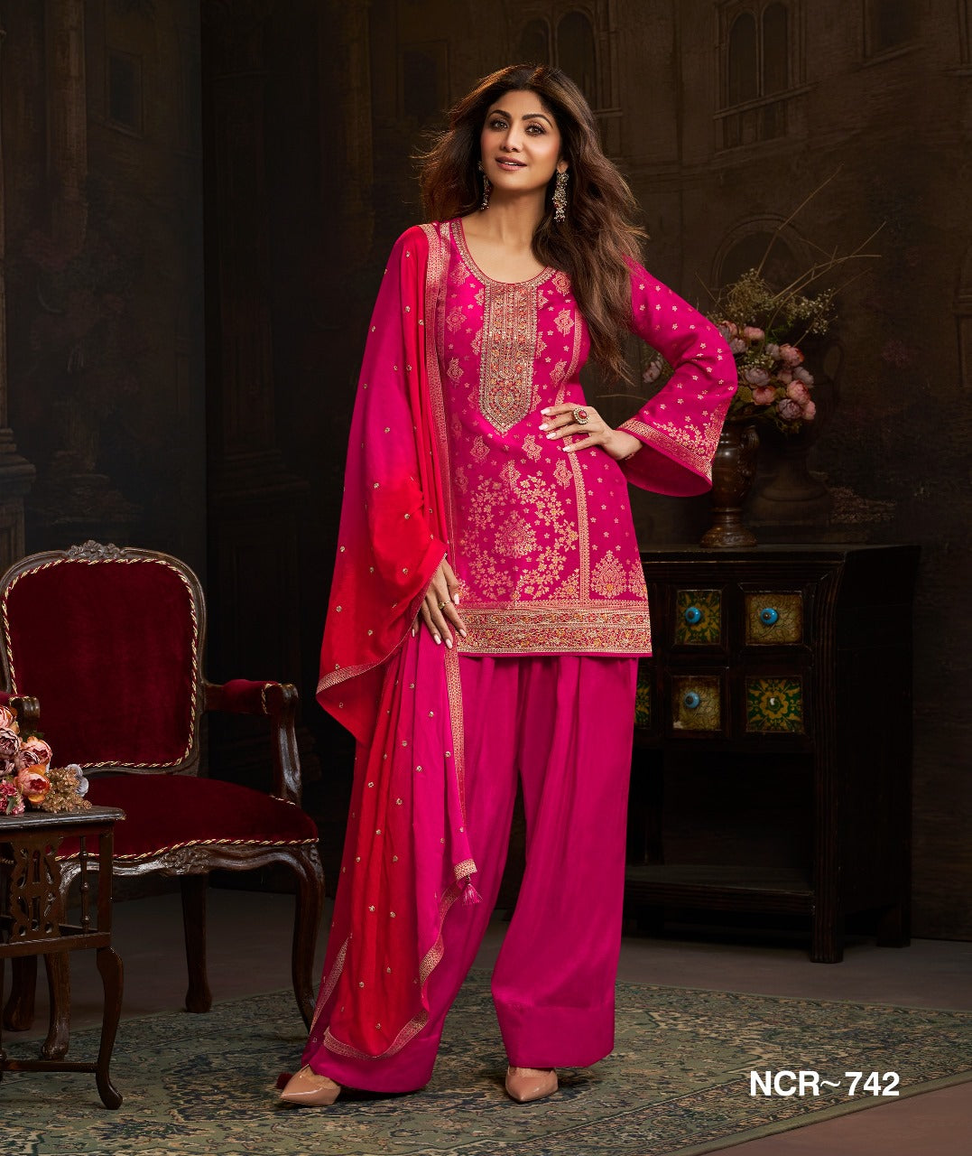 Rani Pink Embroidered Farsi Salwar Suit Set with Dupatta – Women Festive Wear