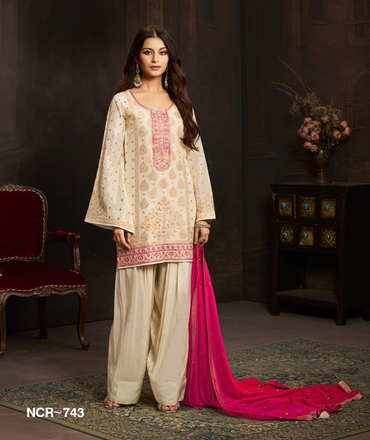 Off White Embroidered Farsi Salwar Suit Set with Pink Dupatta – Women Festive Wear