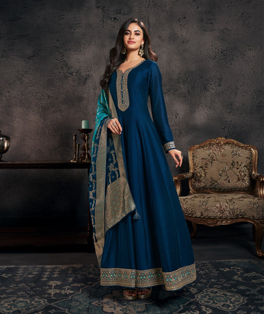 Royal Navy Blue Anarkali Gown Set with Jacquard Banarasi Dupatta | Wedding & Festive Ethnic Wear