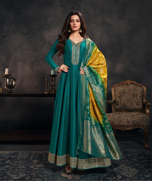 Teal Green Anarkali Gown Set with Yellow Banarasi Dupatta | Elegant Festive & Wedding Wear