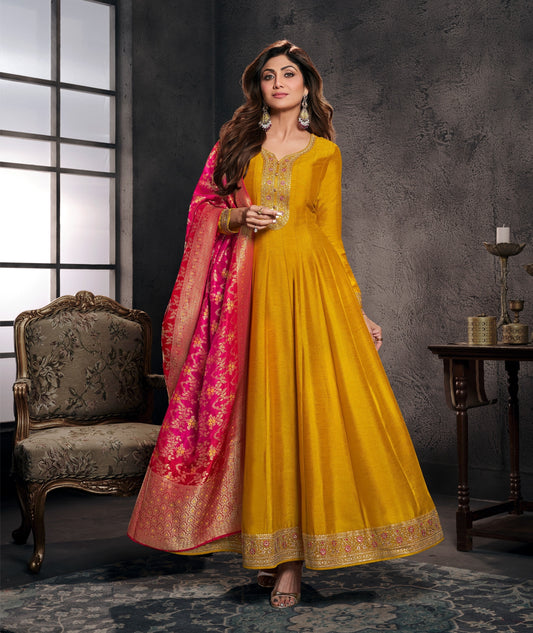Mustard Yellow Anarkali Gown Set with Pink Banarasi Dupatta | Festive & Wedding Ethnic Wear for Women
