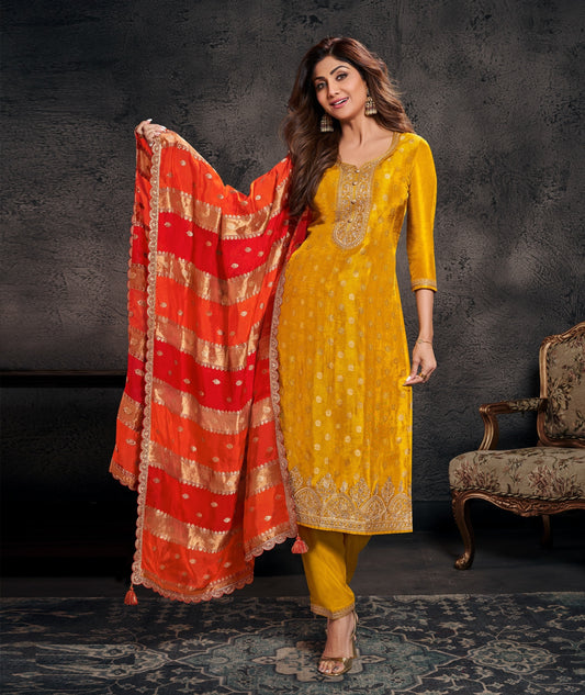 Mustard Yellow Embroidered Straight Suit with Contrasting Orange-Pink Banarasi Dupatta | 3-Piece Ethnic Set