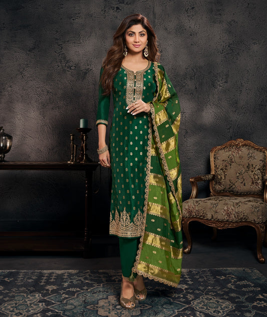 Emerald Green Embroidered Straight Suit with Golden Banarasi Dupatta | Festive 3-Piece Set