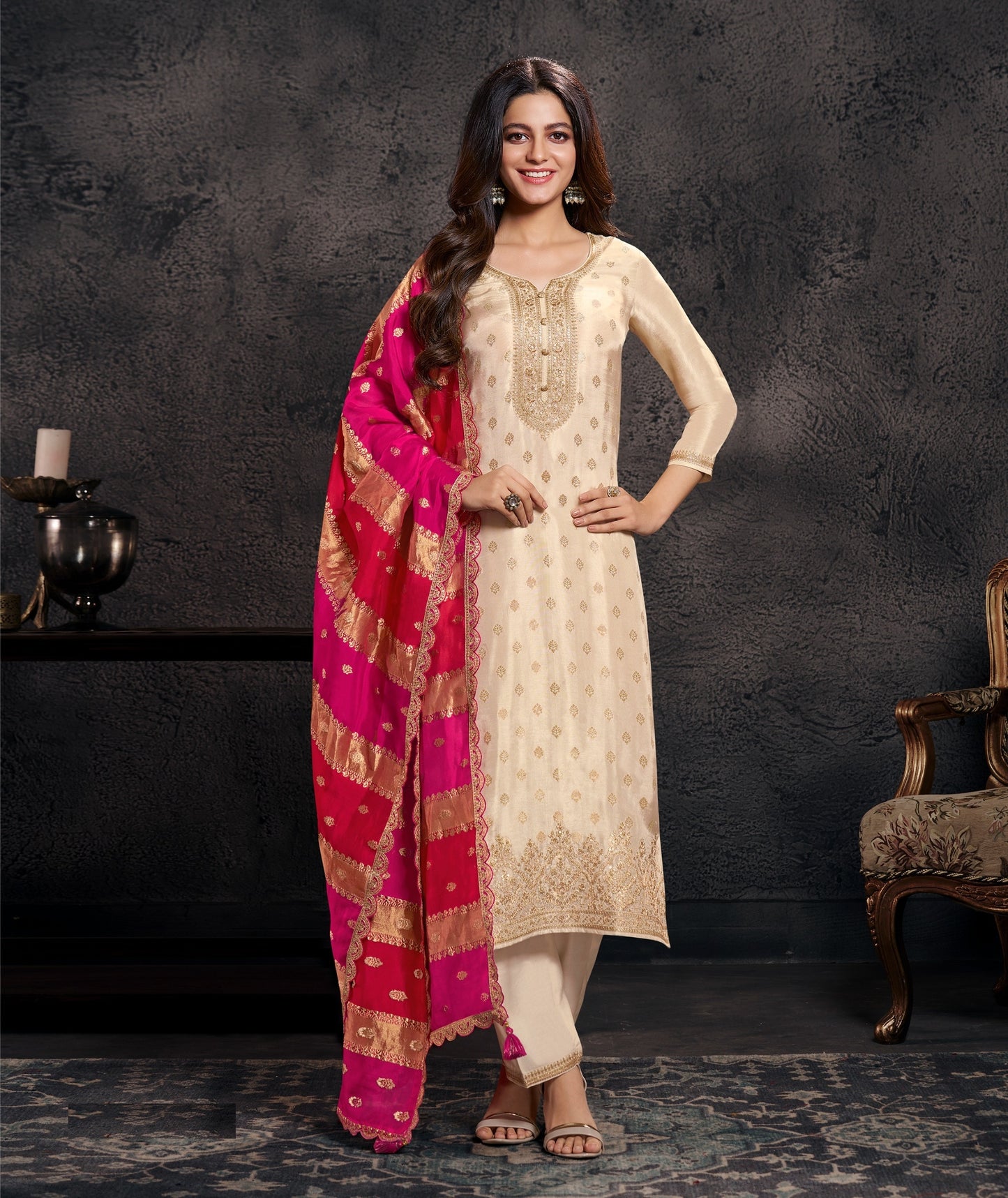 Cream Embroidered Straight Suit with Rani Pink Banarasi Dupatta | Festive 3-Piece Set