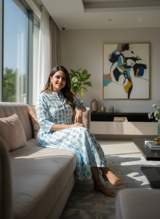 Lightweight white and blue long kurti for women – summer ethnic wear