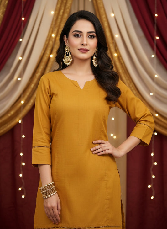 Mustard yellow cotton kurti for women