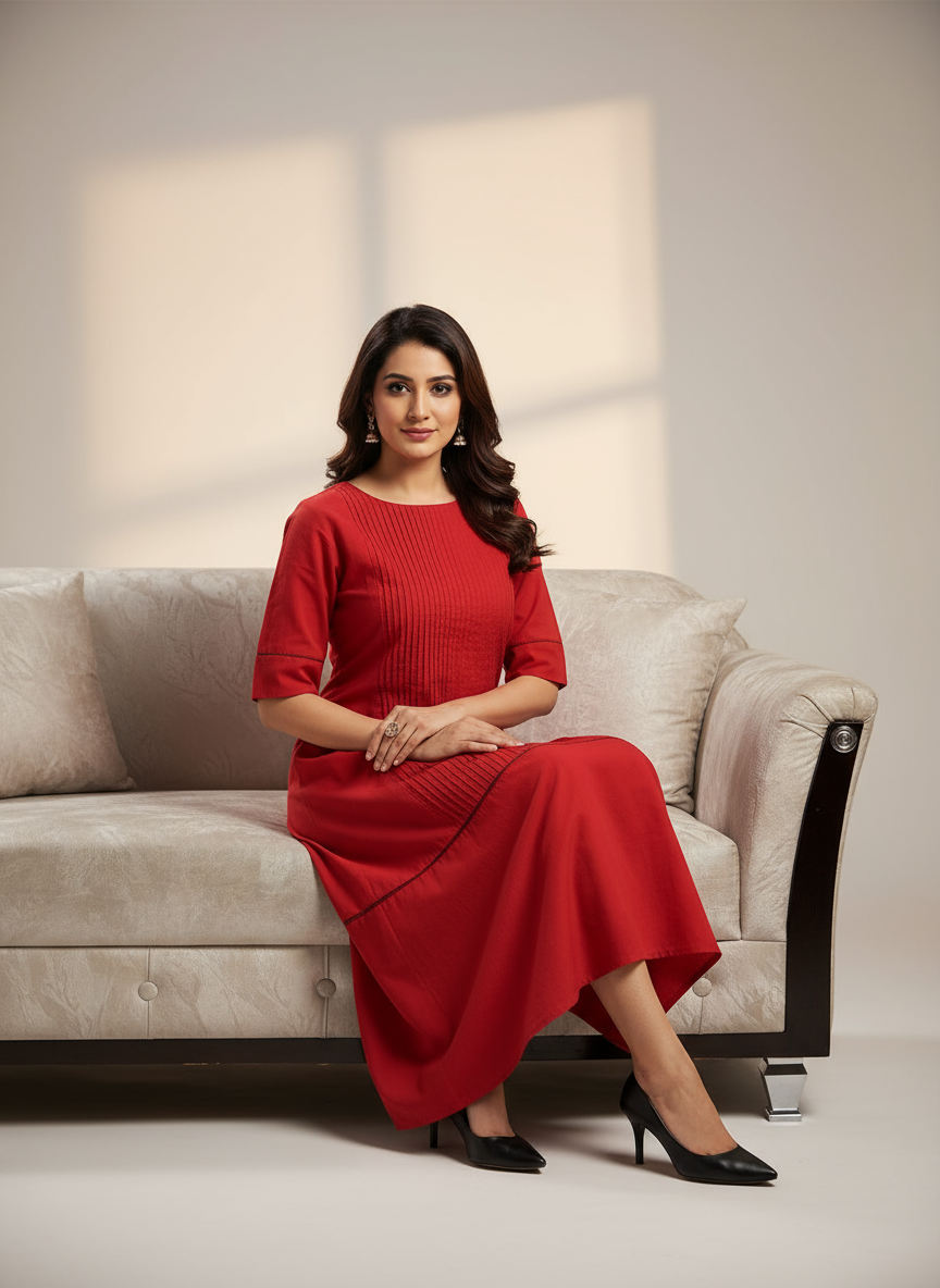 Solid Red Cotton Long Kurti for Women | Elegant Ethnic Wear