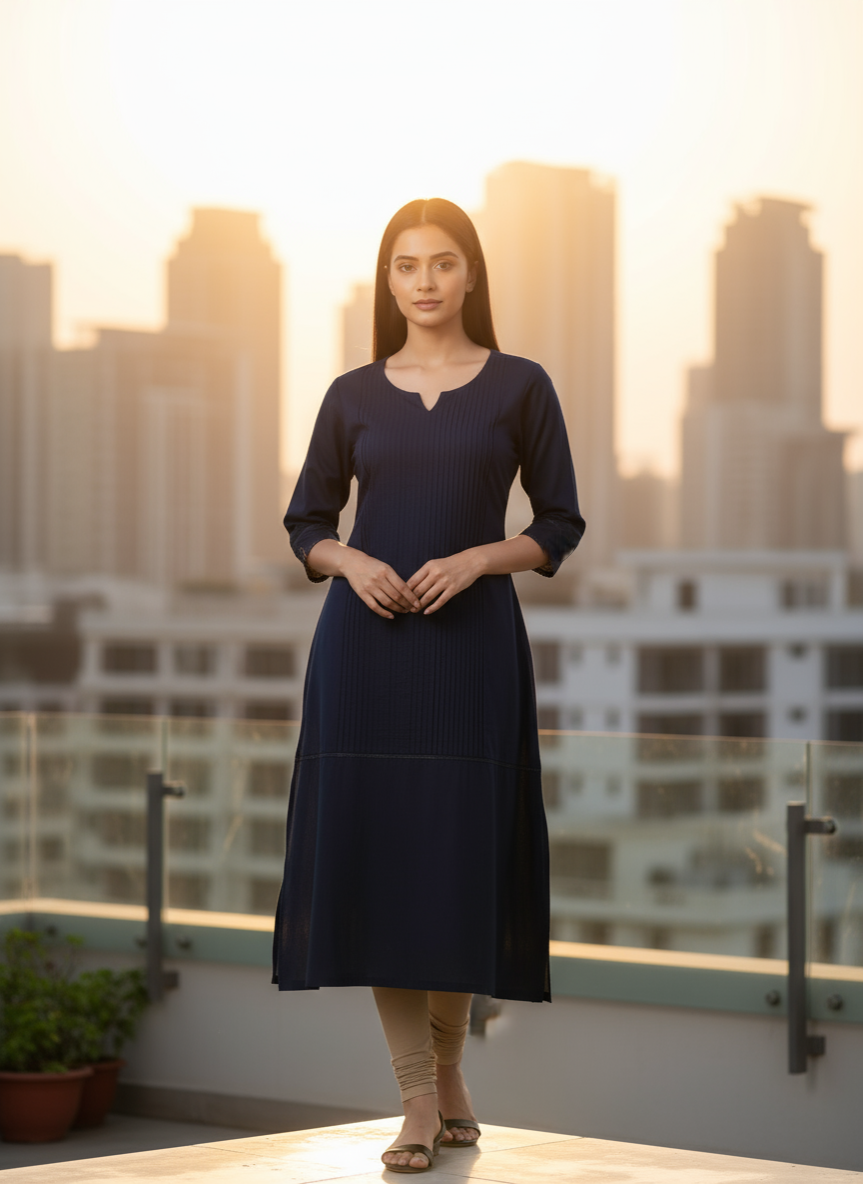 Straight fit cotton long kurti in dark blue color