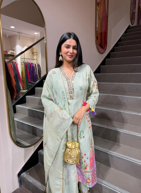 Women’s Mint Green Embroidered Kurti with Pants & Floral Dupatta | Elegant Ethnic Set