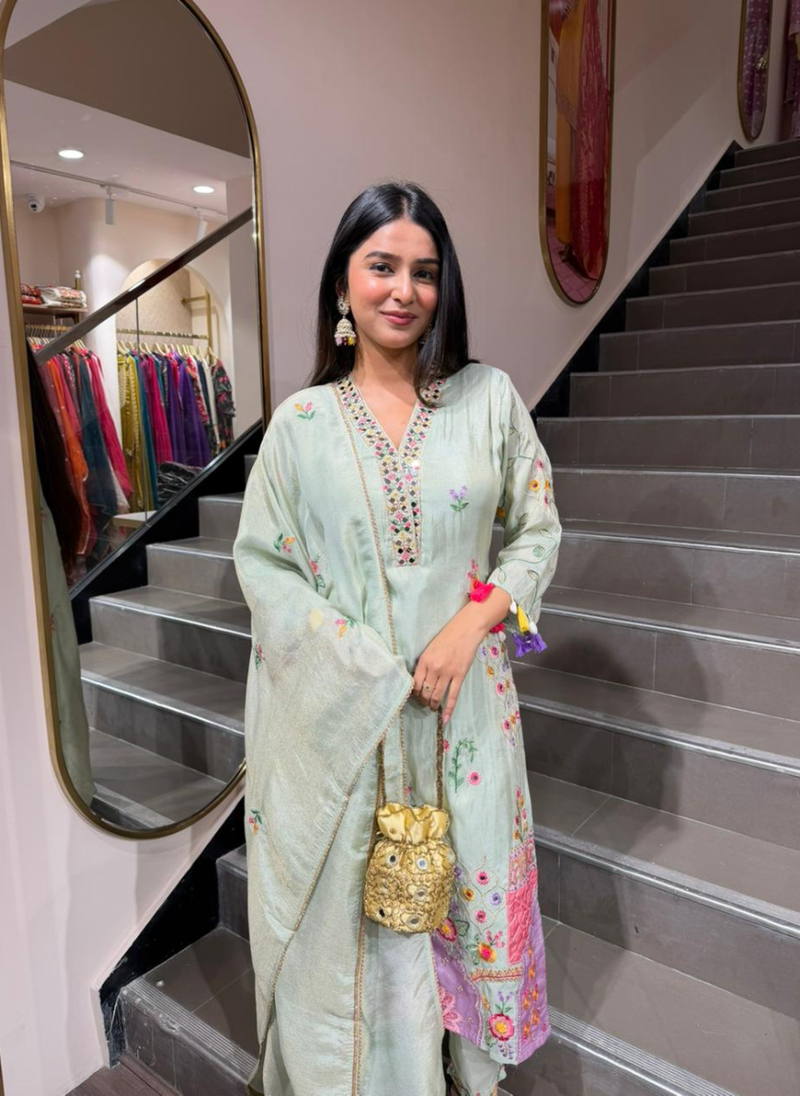 Women’s Mint Green Embroidered Kurti with Pants & Floral Dupatta | Elegant Ethnic Set