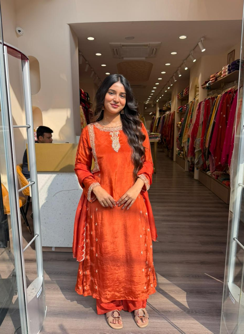 Women’s Rust Orange Embroidered Kurta Pant Set | Festive & Wedding Ethnic Wear
