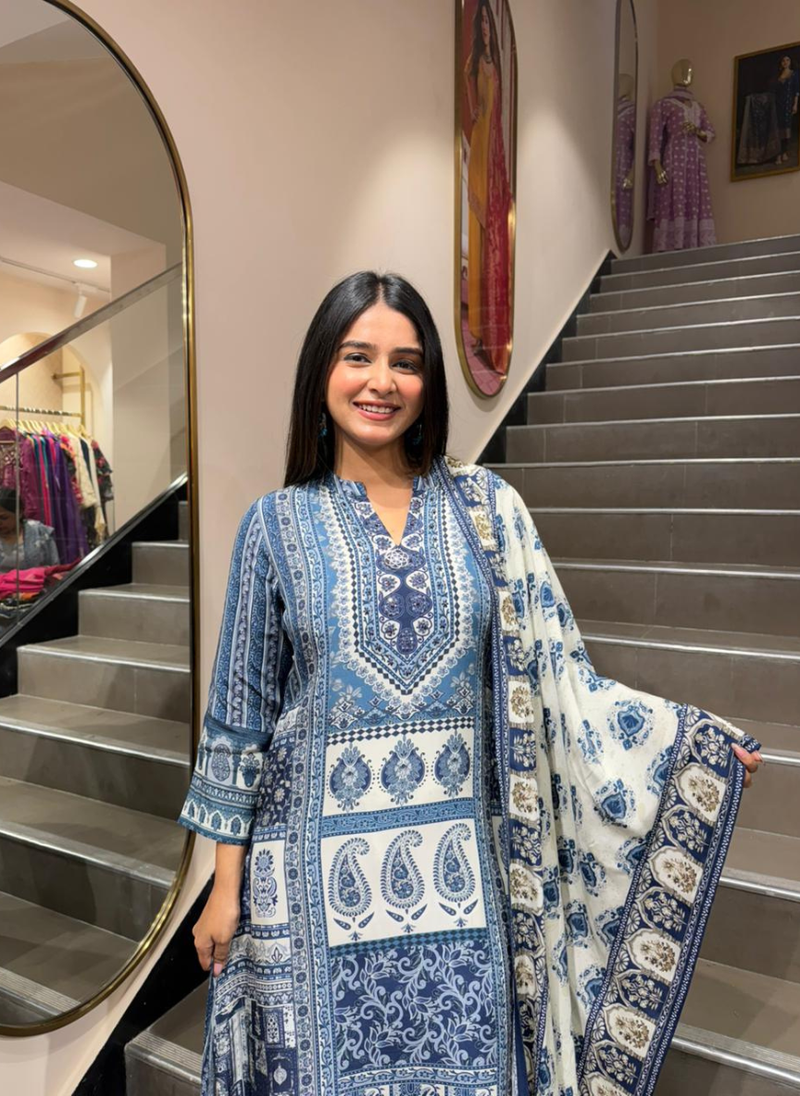 Women’s Blue Ethnic Printed Straight Kurti Set with Dupatta | Classic Everyday Wear