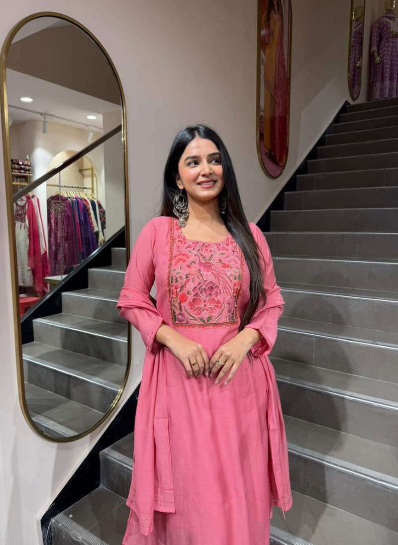 Women’s Pink Embroidered A-Line Kurti Set with Dupatta | Elegant Ethnic Wear