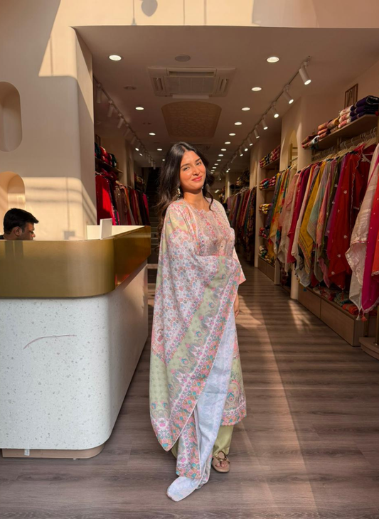 Women’s Pastel Floral Printed Kurta Pant Set with Dupatta | Elegant Ethnic Wear