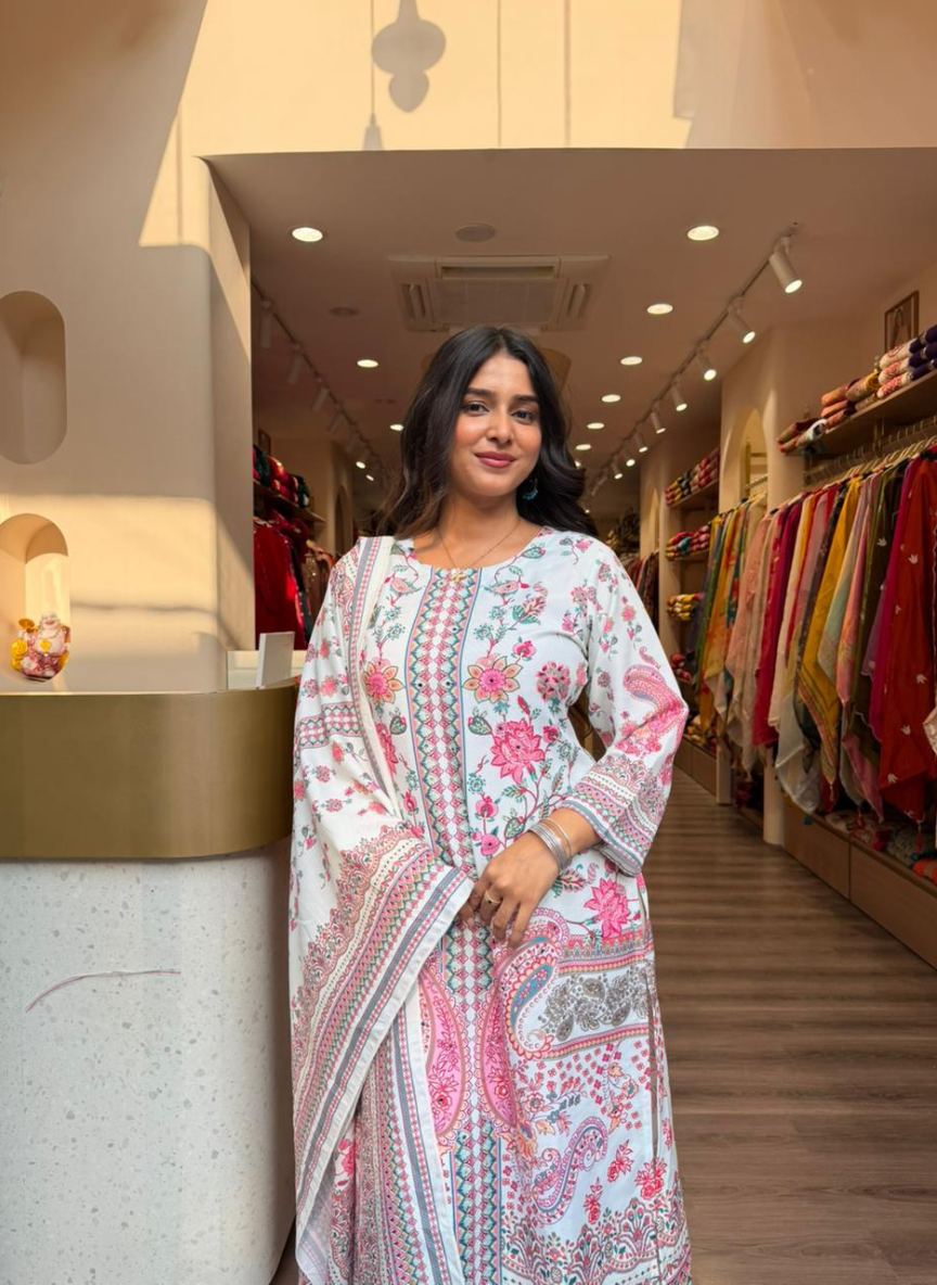 Women’s White & Pink Floral Printed Kurta Pant Set with Dupatta | Elegant Ethnic Wear