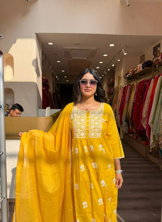 Women’s Mustard Yellow Embroidered Kurta Pant Set with Dupatta | Festive & Summer Ethnic Wear