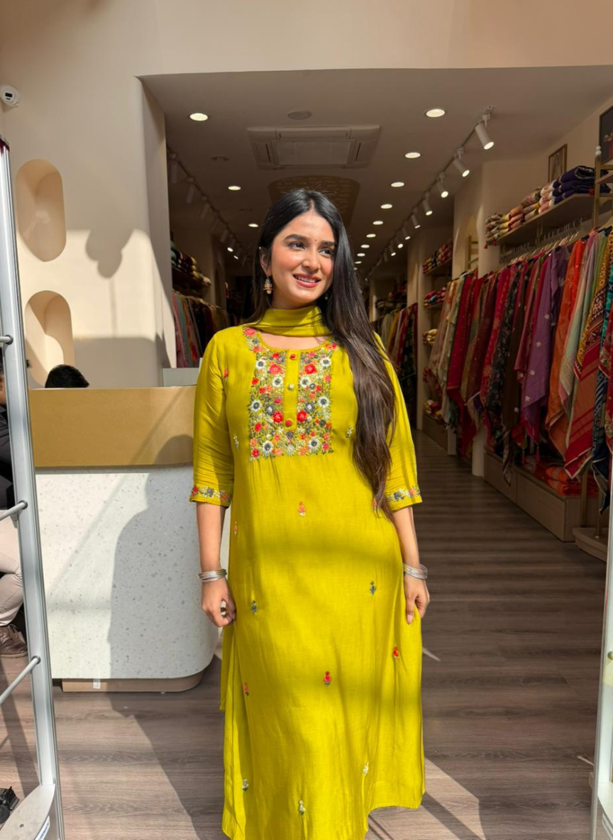 Women’s Lime Yellow Straight Kurti Set with Floral Embroidery | Festive Ethnic Wear