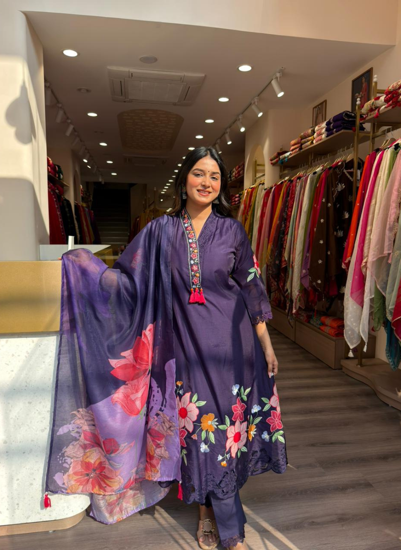 Women’s Deep Purple Embroidered Kurta Pant Set with Floral Dupatta | Elegant Ethnic Wear