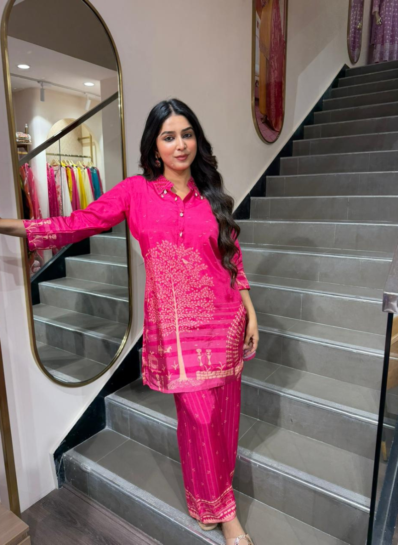 Women’s Hot Pink Printed Kurti Palazzo Set with Embellished Collar | Contemporary Ethnic Wear