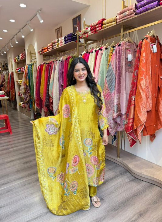 Women’s Mustard Yellow Floral Printed Kurta Set with Designer Dupatta | Festive Ethnic Wear