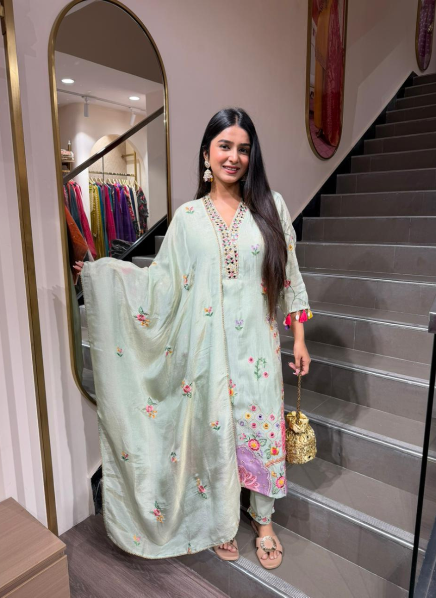 Women’s Mint Green Embroidered Kurti with Pants & Floral Dupatta | Elegant Ethnic Set