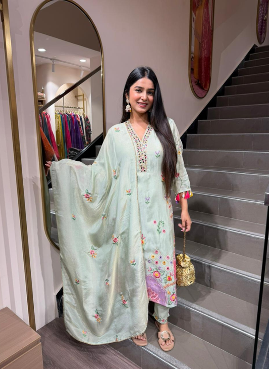 Women’s Mint Green Embroidered Kurti with Pants & Floral Dupatta | Elegant Ethnic Set