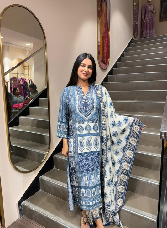 Women’s Blue Ethnic Printed Straight Kurti Set with Dupatta | Classic Everyday Wear