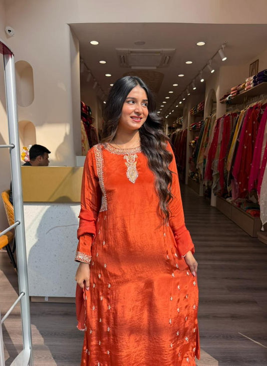 Women’s Rust Orange Embroidered Kurta Pant Set | Festive & Wedding Ethnic Wear