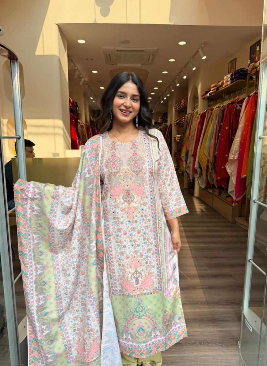 Women’s Pastel Floral Printed Kurta Pant Set with Dupatta | Elegant Ethnic Wear