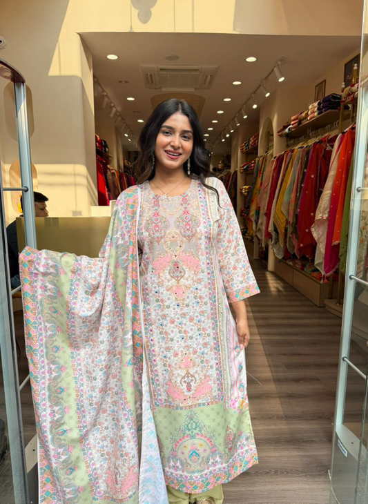 Women’s Pastel Floral Printed Kurta Pant Set with Dupatta | Elegant Ethnic Wear