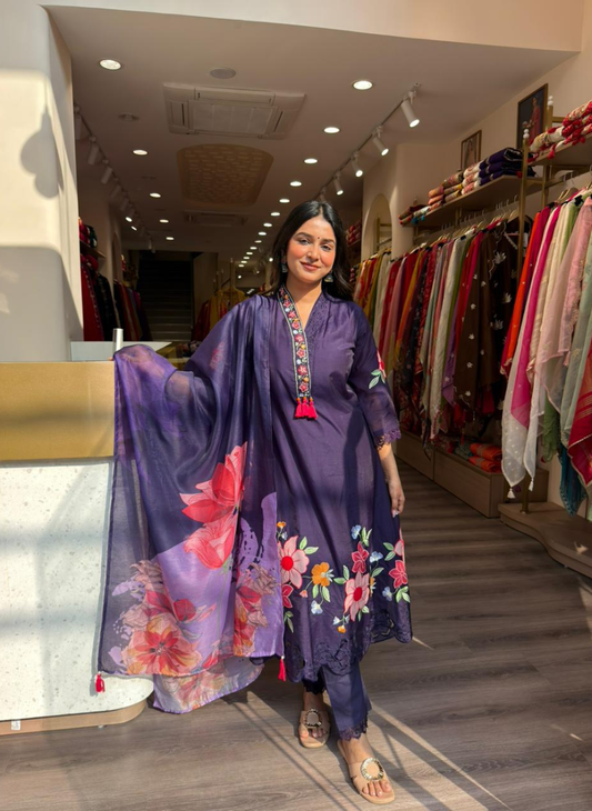 Women’s Deep Purple Embroidered Kurta Pant Set with Floral Dupatta | Elegant Ethnic Wear