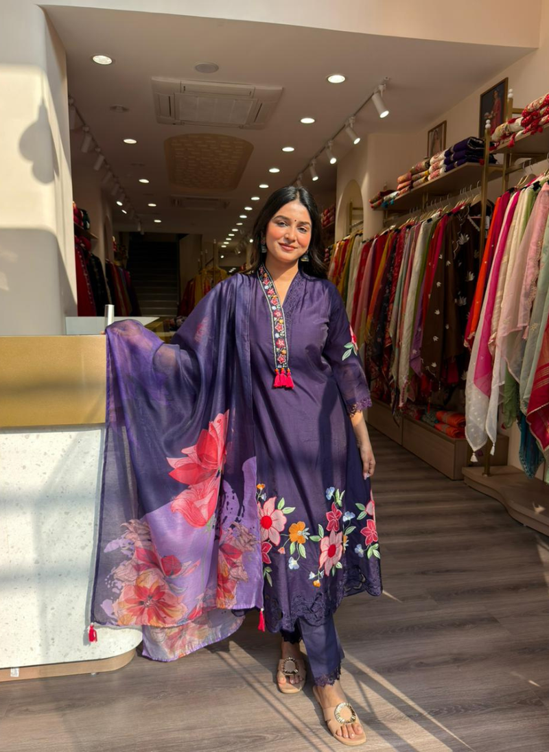 Women’s Deep Purple Embroidered Kurta Pant Set with Floral Dupatta | Elegant Ethnic Wear