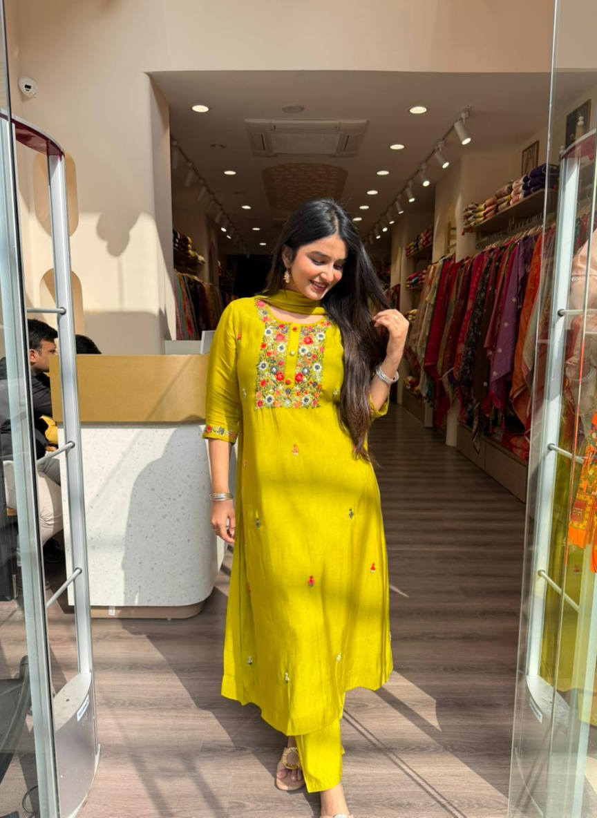 Women’s Lime Yellow Straight Kurti Set with Floral Embroidery | Festive Ethnic Wear