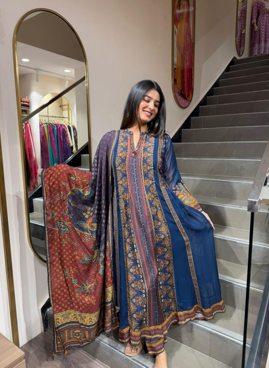 Women’s Navy Blue Printed Kurti Set with Dupatta | Luxury Ethnic Wear