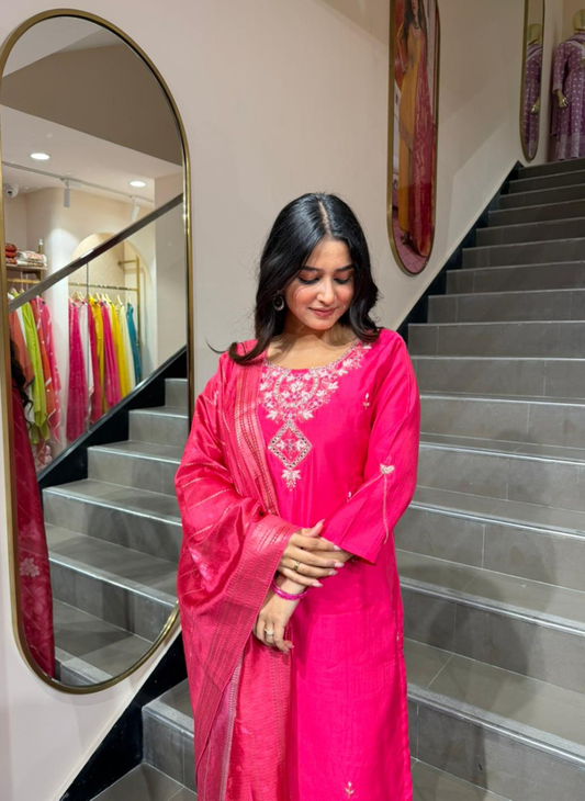 Women’s Bright Pink Embroidered Kurta Set with Floral Dupatta | Festive Ethnic Wear