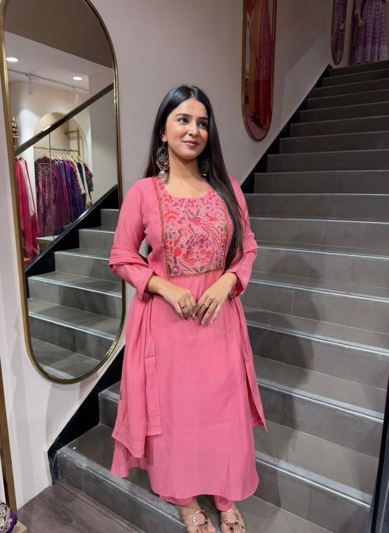 Women’s Pink Embroidered A-Line Kurti Set with Dupatta | Elegant Ethnic Wear