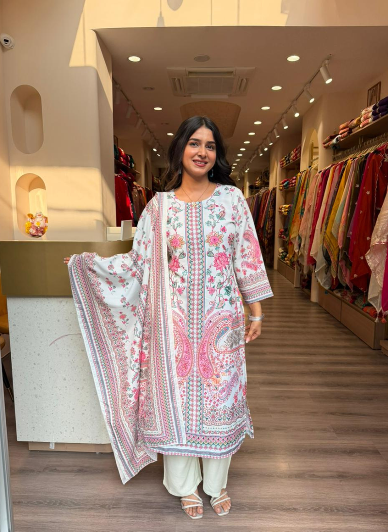 Women’s White & Pink Floral Printed Kurta Pant Set with Dupatta | Elegant Ethnic Wear