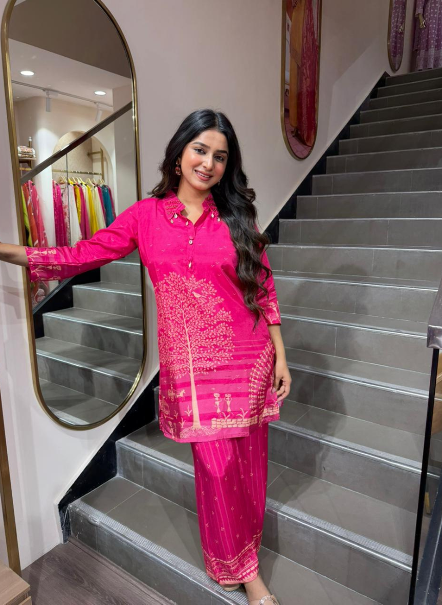 Women’s Hot Pink Printed Kurti Palazzo Set with Embellished Collar | Contemporary Ethnic Wear