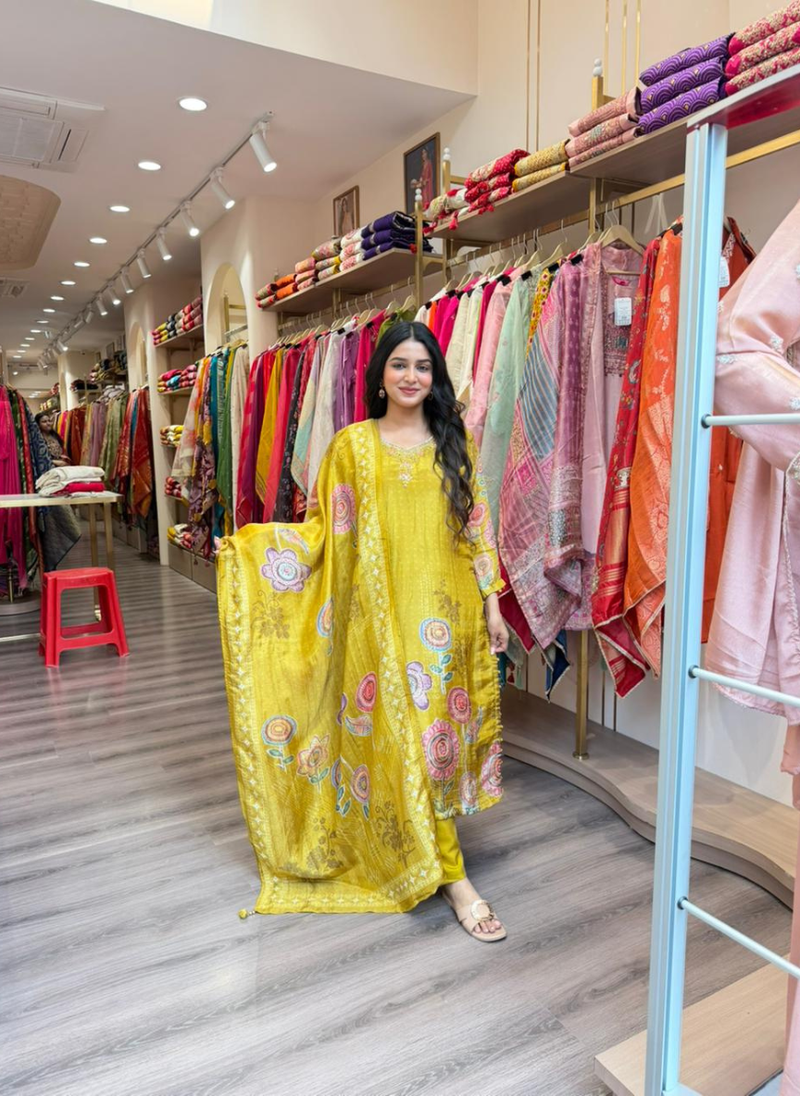 Women’s Mustard Yellow Floral Printed Kurta Set with Designer Dupatta | Festive Ethnic Wear
