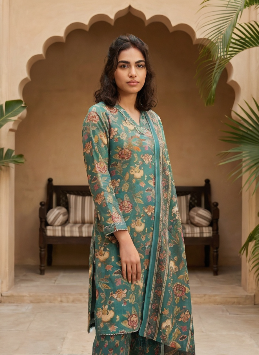 Green Floral Printed Straight Kurta Pant Set with Dupatta for Women